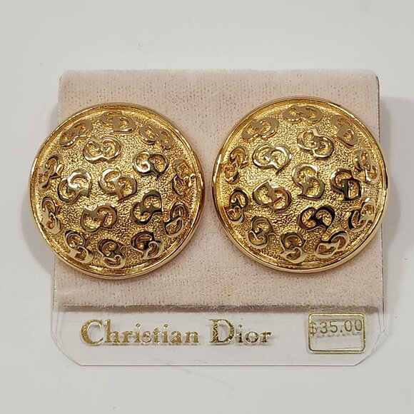 NWT Christian Dior Vintage Goldtone "CD" Logo Dome Clip Earrings - Picture 2 of 6